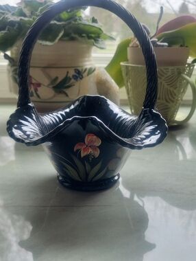 Fenton Hand-Painted Black Floral Basket